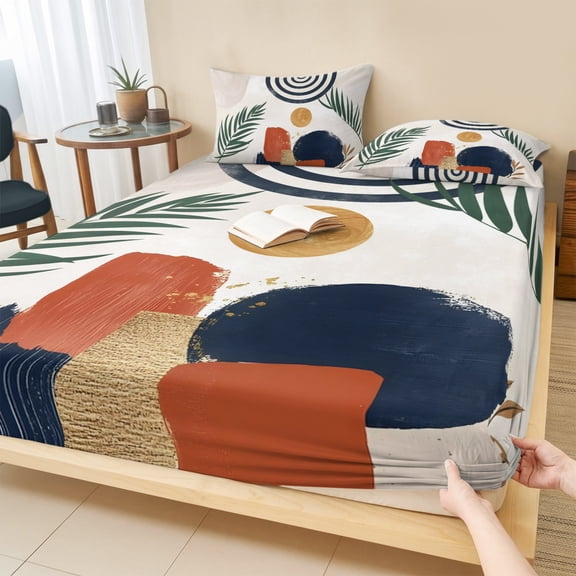 Twin XL Size Fitted Sheet Set - Boho 2 Piece Bedding Sets 16" Deep Pocket Fitted Sheet with 1 Pillowcases, Middle Century Leaves Bohemia Minimalist Abstract Art Beige Microfiber Hotel Bed Sheets