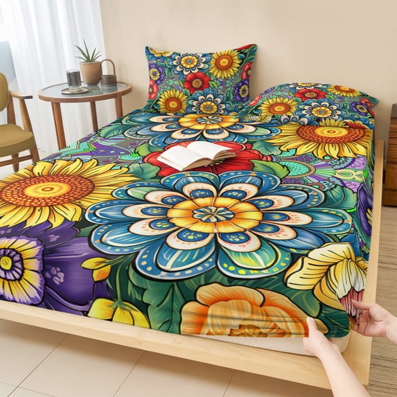 Twin XL Size Fitted Sheet Set - Boho Colorful Floral 2 Piece Bedding Sets 16" Deep Pocket Fitted Sheet with 1 Pillowcases, Spring Flower Botanical Sunflowers Plant Brushed Microfiber Hotel Bed Sheets