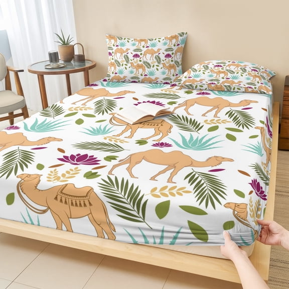 Twin XL Size Fitted Sheet Set - Brown Camels 2 Piece Bedding Sets 16" Deep Pocket Fitted Sheet with 1 Pillowcases, Desert Animals Aloe Vera Green Leaves Brushed Microfiber Hotel Luxury Bed Sheets