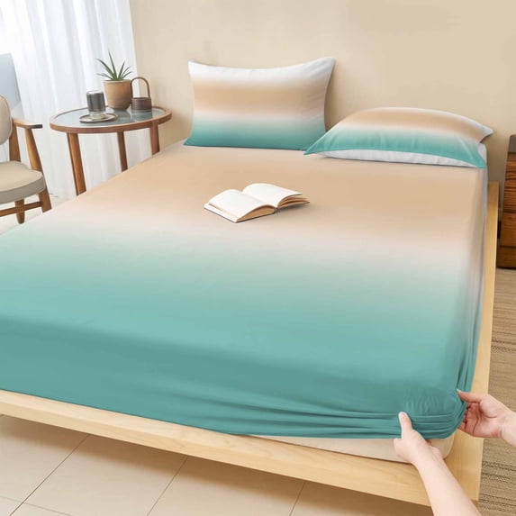 Twin XL Size Fitted Sheet Set - Brown Teal Ombre 2 Piece Bedding Sets 16" Deep Pocket Fitted Sheet with 1 Pillowcases, Modern Gradient Abstract Art Brushed Microfiber Hotel Luxury Bed Sheets