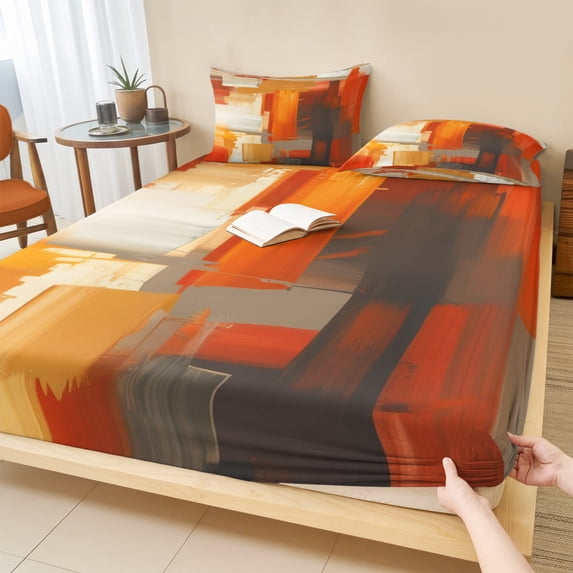 Twin XL Size Fitted Sheet Set - Burnt Orange Brown 2 Piece Bedding Sets 16" Deep Pocket Fitted Sheet with 1 Pillowcases, Farmhouse Ombre Abstract Mottled Art Brushed Microfiber Hotel Bed Sheets