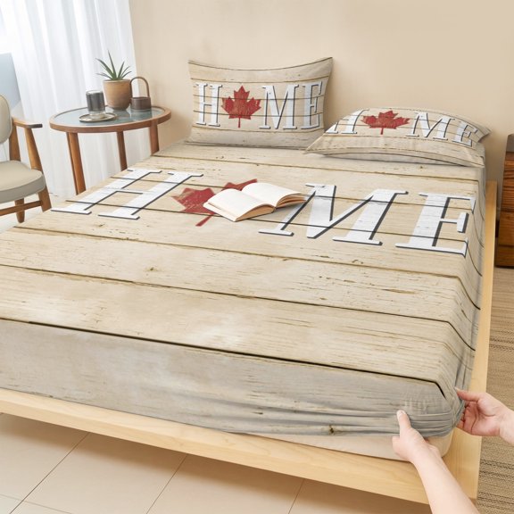 Twin XL Size Fitted Sheet Set - Canada Maple Home 2 Piece Bedding Sets 16" Deep Pocket Fitted Sheet with 1 Pillowcases, Red Leaf Vintage Farmhouse Grey Wooden Brushed Microfiber Hotel Bed Sheets