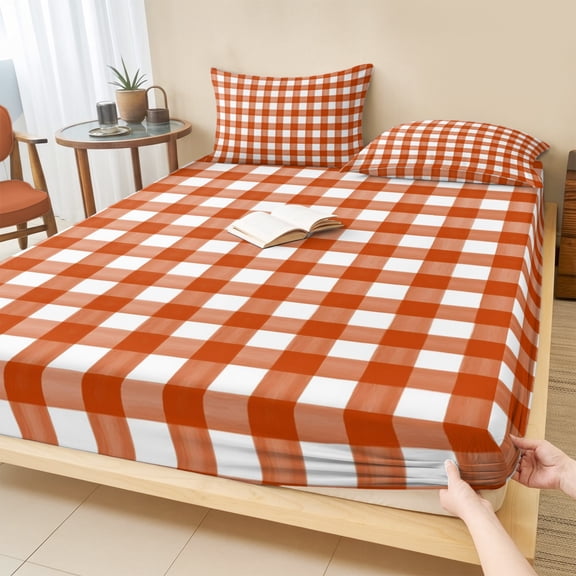 Twin XL Size Fitted Sheet Set - Caramel Plaid 2 Piece Bedding Sets 16" Deep Pocket Fitted Sheet with 1 Pillowcases, Farmhouse Country Orange Buffalo Checkered Brushed Microfiber Hotel Bed Sheets