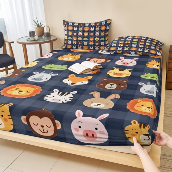 Twin XL Size Fitted Sheet Set - Cartoon Animals 2 Piece Bedding Sets 16" Deep Pocket Fitted Sheet with 1 Pillowcases, Lion Tiger Monkey Rabbit Pig Bear Black Brushed Microfiber Hotel Bed Sheets