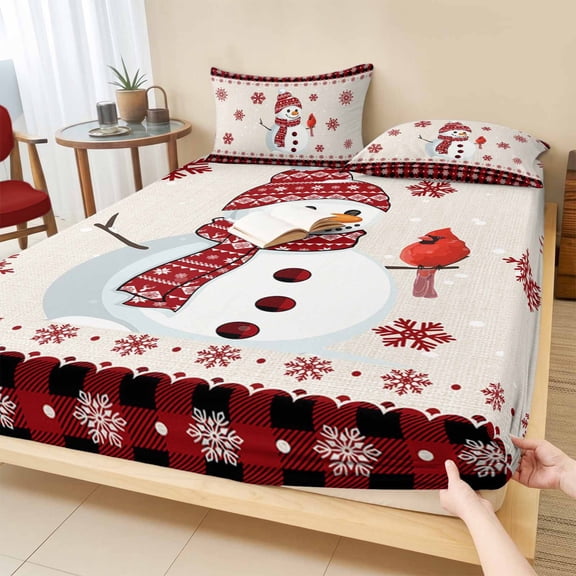 Twin XL Size Fitted Sheet Set - Christmas, 2 Piece Bedding Sets 16" Deep Pocket Fitted Sheet with 1 Pillowcases, Vintage Snowman Snowflake Farmhouse Plaid Red Brushed Microfiber Hotel Bed Sheets