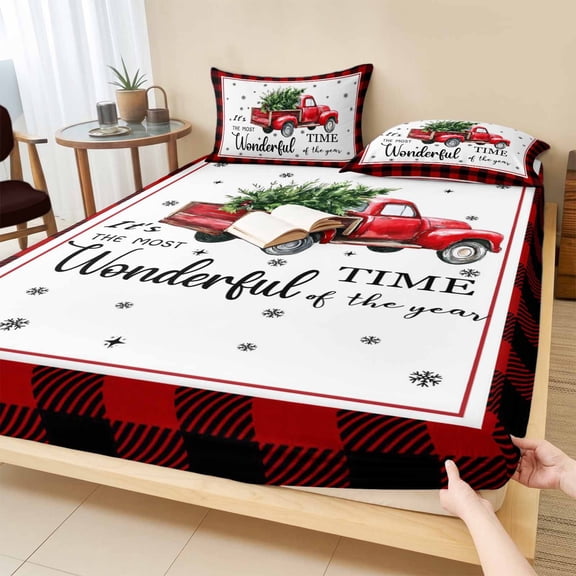 Twin XL Size Fitted Sheet Set - Christmas Truck 2 Piece Bedding Sets 16" Deep Pocket Fitted Sheet with 1 Pillowcases, Buffalo Plaid Xmas Pine Tree Snowflakes Brushed Microfiber Hotel Bed Sheets