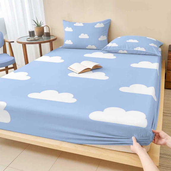 Twin XL Size Fitted Sheet Set - Clouds Sky 2 Piece Bedding Sets 16" Deep Pocket Fitted Sheet with 1 Pillowcases, Cartoon Blue White Cloud Modern Minimalist Brushed Microfiber Hotel Luxury Bed Sheets