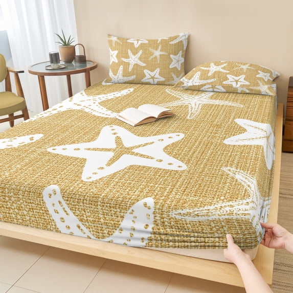 Twin XL Size Fitted Sheet Set - Coastal Starfish 2 Piece Bedding Sets 16" Deep Pocket Fitted Sheet with 1 Pillowcases, Ochre Yellow Nautical Vintage Marine Life Brushed Microfiber Hotel Bed Sheets