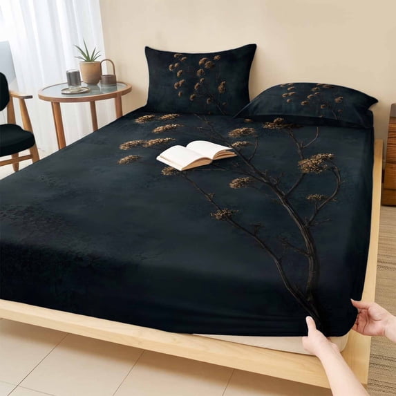Twin XL Size Fitted Sheet Set - Dried Flowers 2 Piece Bedding Sets 16" Deep Pocket Fitted Sheet with 1 Pillowcases, Abstract Black Retro Flowers Plants Brushed Microfiber Hotel Luxury Bed Sheets
