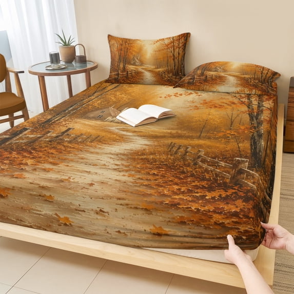 Twin XL Size Fitted Sheet Set - Fall Forest 2 Piece Bedding Sets 16" Deep Pocket Fitted Sheet with 1 Pillowcases, Autumn Landscape Path Maple Leaves Orange Brushed Microfiber Hotel Luxury Bed Sheets