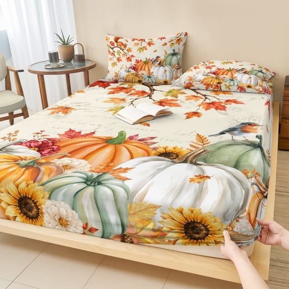 Twin XL Size Fitted Sheet Set - Fall Pumpkins 2 Piece Bedding Sets 16" Deep Pocket Fitted Sheet with 1 Pillowcases, Thanksgiving Maple Squirrel Farmhouse Florals Brushed Microfiber Hotel Bed Sheets