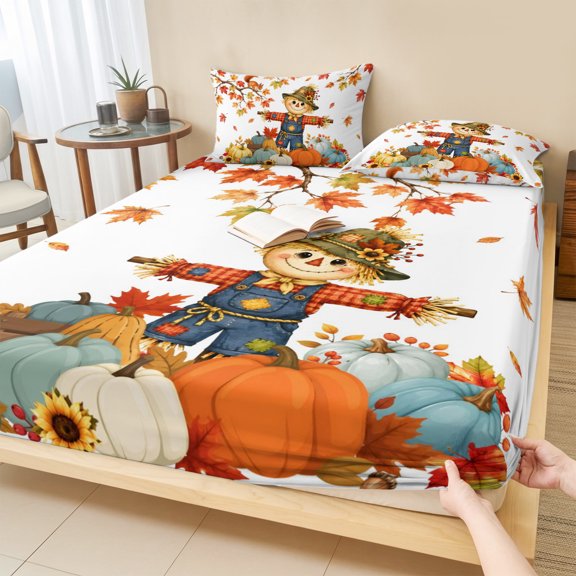 Twin XL Size Fitted Sheet Set - Fall Scarecrows 2 Piece Bedding Sets 16" Deep Pocket Fitted Sheet with 1 Pillowcases, Thanksgiving Autumn Harvest Pumpkins Leaves Brushed Microfiber Hotel Bed Sheets