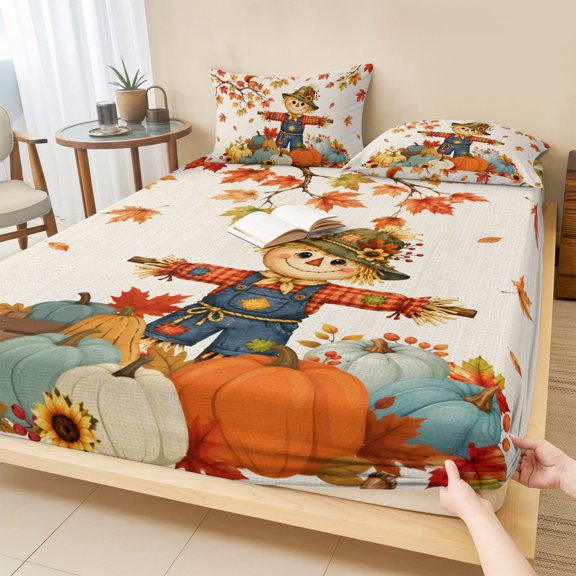 Twin XL Size Fitted Sheet Set - Fall Scarecrows 2 Piece Bedding Sets 16" Deep Pocket Fitted Sheet with 1 Pillowcases, Thanksgiving Autumn Pumpkins Leaves Beige Brushed Microfiber Hotel Bed Sheets