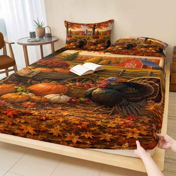 Twin XL Size Fitted Sheet Set - Fall Turkey 2 Piece Bedding Sets 16" Deep Pocket Fitted Sheet with 1 Pillowcases, Thanksgiving Country Pumpkins Maple Leaves Brushed Microfiber Hotel Luxury Bed Sheets