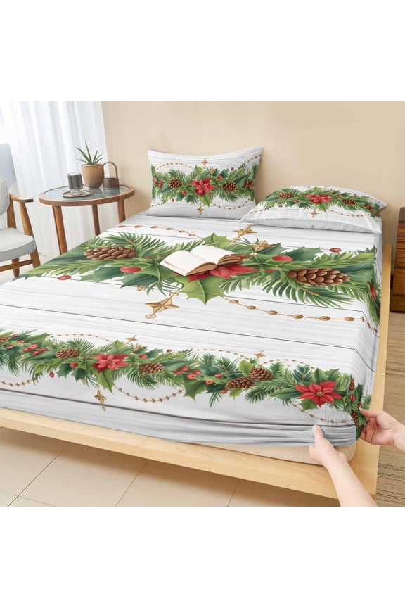 Twin XL Size Fitted Sheet Set - Green Leaves 2 Piece Bedding Sets 16" Deep Pocket Fitted Sheet with 1 Pillowcases, Christmas Pine Cone Xmas Flowers Wood Grain Brushed Microfiber Hotel Bed Sheets