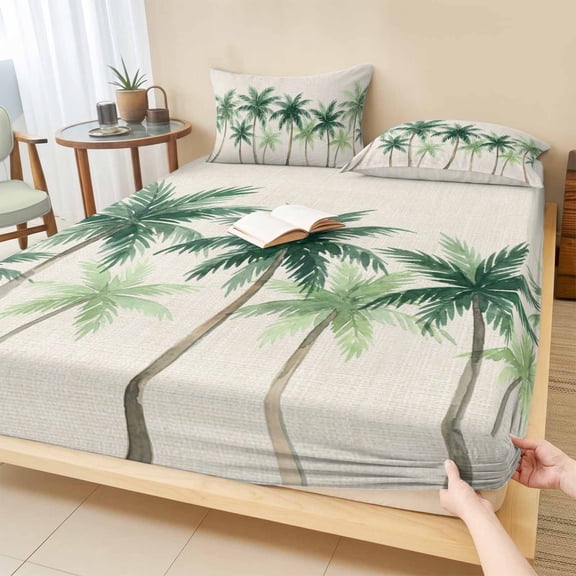 Twin XL Size Fitted Sheet Set - Green Palm Trees Tropical 2 Piece Bedding Sets 16" Deep Pocket Fitted Sheet with 1 Pillowcases, Linen Texture Summer Beach Brushed Microfiber Hotel Luxury Bed Sheets
