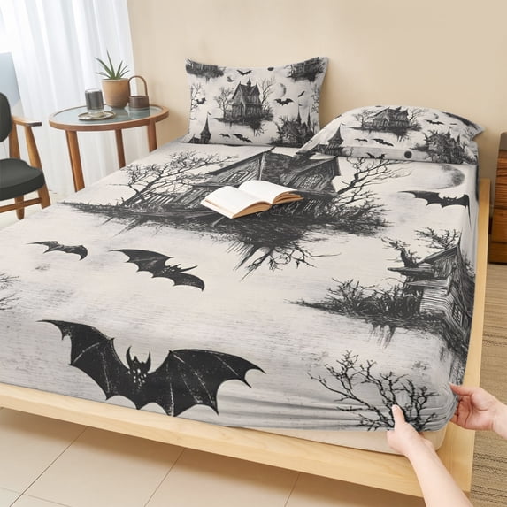 Twin XL Size Fitted Sheet Set - Grey Halloween 2 Piece Bedding Sets 16" Deep Pocket Fitted Sheet with 1 Pillowcases, Castle Bat Vintage Bare Trees Brushed Microfiber Hotel Luxury Bed Sheets