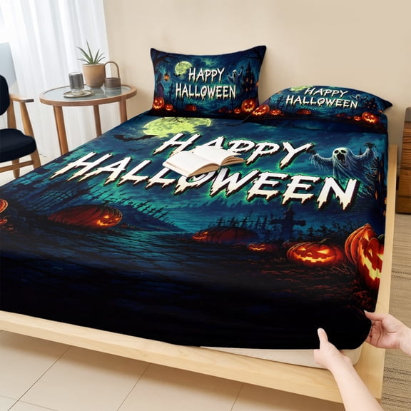 Twin XL Size Fitted Sheet Set - Halloween 2 Piece Bedding Sets 16" Deep Pocket Fitted Sheet with 1 Pillowcases, Blue Spooky Pumpkin Ghost Moonlight Castle Brushed Microfiber Hotel Luxury Bed Sheets