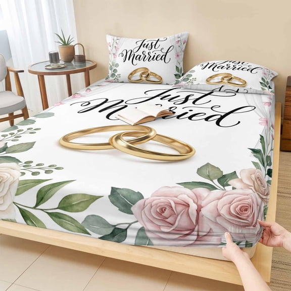 Twin XL Size Fitted Sheet Set - Just Married 2 Piece Bedding Sets 16" Deep Pocket Fitted Sheet with 1 Pillowcases, Romantic Ring Pink Floral Eucalyptus Leaves Brushed Microfiber Hotel Bed Sheets