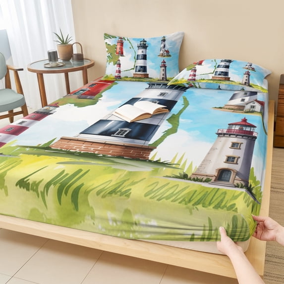 Twin XL Size Fitted Sheet Set - Lighthouse 2 Piece Bedding Sets 16" Deep Pocket Fitted Sheet with 1 Pillowcases, Red Black Summer Oil Painting Ocean Beach Brushed Microfiber Hotel Luxury Bed Sheets