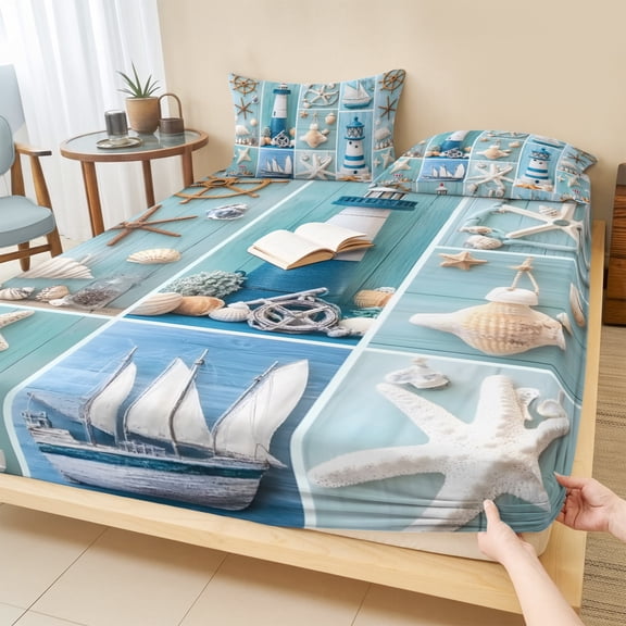 Twin XL Size Fitted Sheet Set - Nautical Lighthouse 2 Piece Bedding Sets 16" Deep Pocket Fitted Sheet with 1 Pillowcases, Ocean Starfish Anchor Sailboat Shell Brushed Microfiber Hotel Bed Sheets