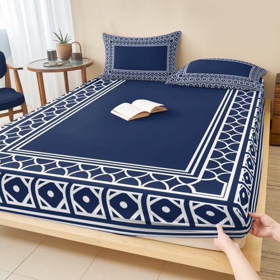 Twin XL Size Fitted Sheet Set - Navy Blue Boho 2 Piece Bedding Sets 16" Deep Pocket Fitted Sheet with 1 Pillowcases, Modern Geometric Bohemia Abstract Textured Brushed Microfiber Hotel Bed Sheets