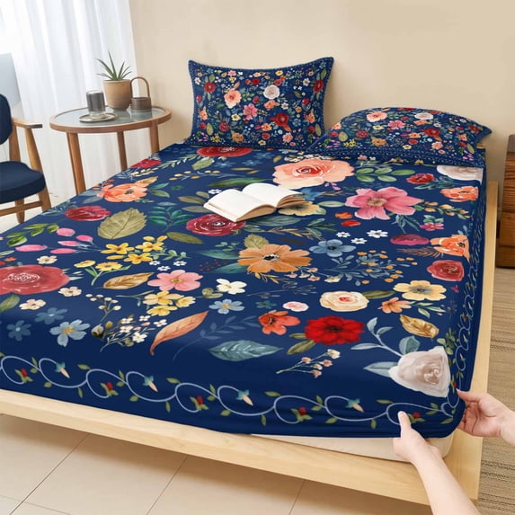 Twin XL Size Fitted Sheet Set - Navy Blue Floral 2 Piece Bedding Sets 16" Deep Pocket Fitted Sheet with 1 Pillowcases, Spring Farmhouse Botanical Flowers Vintage Brushed Microfiber Luxury Bed Sheets