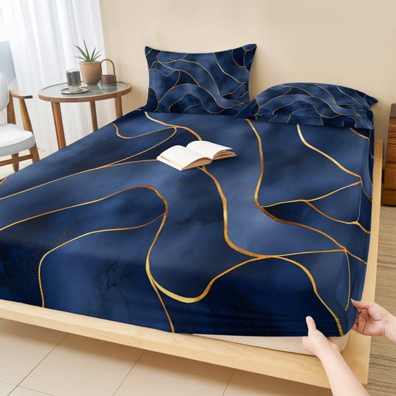 Twin XL Size Fitted Sheet Set - Navy Blue Marble 2 Piece Bedding Sets 16" Deep Pocket Fitted Sheet with 1 Pillowcases, Modern Golden Geometric Abstract Brushed Microfiber Hotel Luxury Bed Sheets