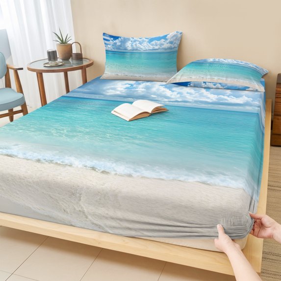 Twin XL Size Fitted Sheet Set - Ocean Blue 2 Piece Bedding Sets 16" Deep Pocket Fitted Sheet with 1 Pillowcases, Beach Nature Coast Sea Shore Sky Seawater Brushed Microfiber Hotel Luxury Bed Sheets