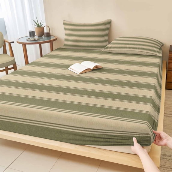 Twin XL Size Fitted Sheet Set - Olive Green Stripes 2 Piece Bedding Sets 16" Deep Pocket Fitted Sheet with 1 Pillowcases, Modern Striped Cream Brushed Microfiber Hotel Luxury Bed Sheets