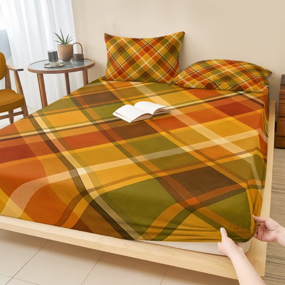 Twin XL Size Fitted Sheet Set - Orange Checked 2 Piece Bedding Sets 16" Deep Pocket Fitted Sheet with 1 Pillowcases, Green Thanksgiving Buffalo Plaid Brushed Microfiber Hotel Luxury Bed Sheets