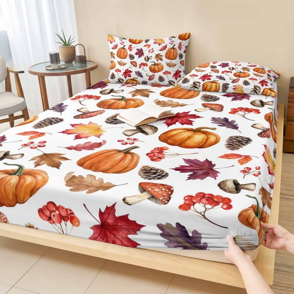 Twin XL Size Fitted Sheet Set - Pumpkins Fall 2 Piece Bedding Sets 16" Deep Pocket Fitted Sheet with 1 Pillowcases, Thanksgiving Maple Leaves Mushroom Autumn Brushed Microfiber Hotel Bed Sheets