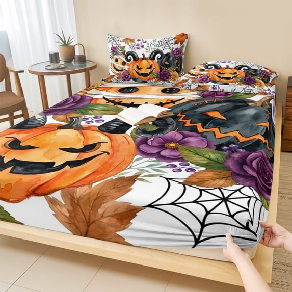 Twin XL Size Fitted Sheet Set - Pumpkins Halloween 2 Piece Bedding Sets 16" Deep Pocket Fitted Sheet with 1 Pillowcases, Black Horror Purple Floral Botanical Brushed Microfiber Hotel Bed Sheets