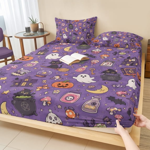 Twin XL Size Fitted Sheet Set - Purple Halloween 2 Piece Bedding Sets 16" Deep Pocket Fitted Sheet with 1 Pillowcases, Mystical Spook Ghosts Pumpkins Moons Brushed Microfiber Hotel Luxury Bed Sheets