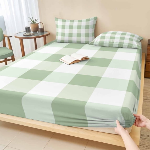 Twin XL Size Fitted Sheet Set - Sage Green Buffalo Check 2 Piece Bedding Sets 16" Deep Pocket Fitted Sheet with 1 Pillowcases, Farmhouse Plaid Modern Geometric Brushed Microfiber Luxury Bed Sheets
