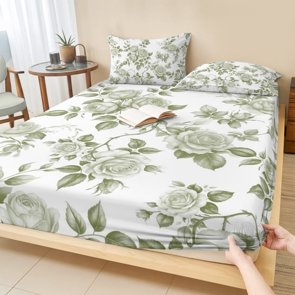 Twin XL Size Fitted Sheet Set - Sage Green Flower 2 Piece Bedding Sets 16" Deep Pocket Fitted Sheet with 1 Pillowcases, Vintage Country Rose Leaf Floral Brushed Microfiber Hotel Luxury Bed Sheets