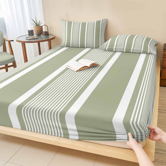 Twin XL Size Fitted Sheet Set - Sage Green Stripe 2 Piece Bedding Sets 16" Deep Pocket Fitted Sheet with 1 Pillowcases, Modern Striped Minimalist Geometric Lines Brushed Microfiber Hotel Bed Sheets