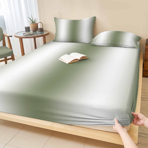 Twin XL Size Fitted Sheet Set - Sage Green White Ombre 2 Piece Bedding Sets 16" Deep Pocket Fitted Sheet with 1 Pillowcases, Abstract Art Modern Green Gradient Brushed Microfiber Luxury Bed Sheets
