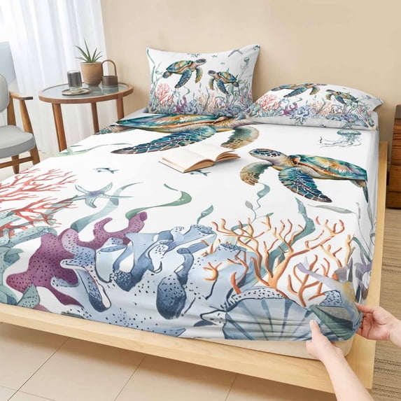 Twin XL Size Fitted Sheet Set - Sea Turtle Coastal 2 Piece Bedding Sets 16" Deep Pocket Fitted Sheet with 1 Pillowcases, Summer Beach Coral Ocean Seagrass Brushed Microfiber Hotel Luxury Bed Sheets