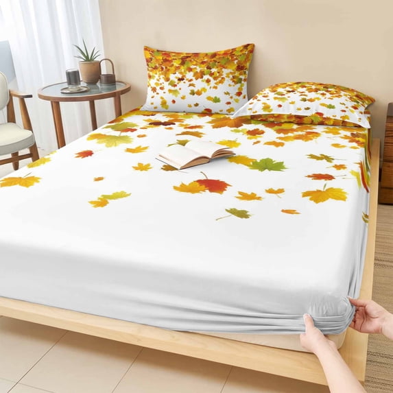 Twin XL Size Fitted Sheet Set - Thanksgiving Orange 2 Piece Bedding Sets 16" Deep Pocket Fitted Sheet with 1 Pillowcases, Autumn Vintage Fall Maple Leaf Brushed Microfiber Hotel Luxury Bed Sheets