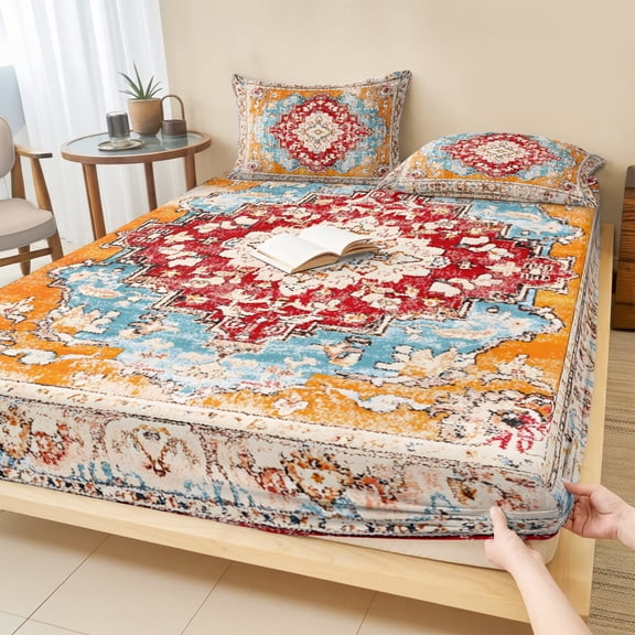 Twin XL Size Fitted Sheet Set - Vintage Ethnic 2 Piece Bedding Sets 16" Deep Pocket Fitted Sheet with 1 Pillowcases, Boho Tribes Modern Orange Middle Century Brushed Microfiber Hotel Bed Sheets