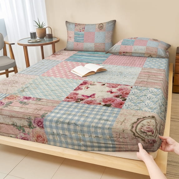 Twin XL Size Fitted Sheet Set - Vintage Patchwork 2 Piece Bedding Sets 16" Deep Pocket Fitted Sheet with 1 Pillowcases, Rustic Floral Farmhouse Plaid Wooden Plank Brushed Microfiber Hotel Bed Sheets