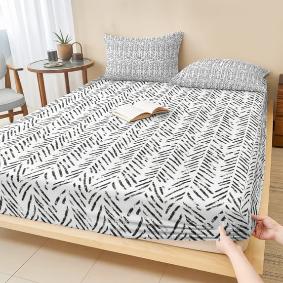Twin XL Size Fitted Sheet Set - White Black Striped 2 Piece Bedding Sets 16" Deep Pocket Fitted Sheet with 1 Pillowcases, Abstract Modern Art Irregular Stripe Brushed Microfiber Hotel Bed Sheets