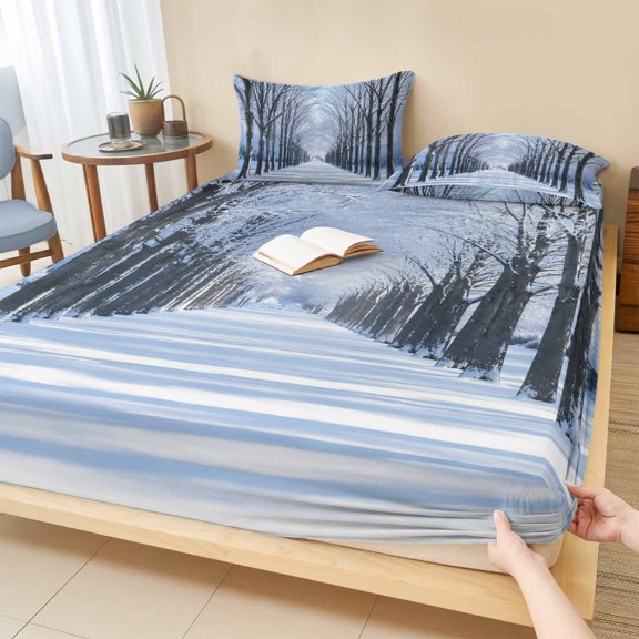 Twin XL Size Fitted Sheet Set - Winter Forest 2 Piece Bedding Sets 16" Deep Pocket Fitted Sheet with 1 Pillowcases, Snowy Frosted Tree Bare Branches Rustic Brushed Microfiber Hotel Luxury Bed Sheets