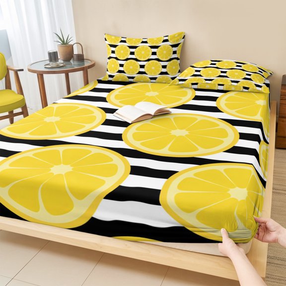 Twin XL Size Fitted Sheet Set - Yellow Lemon 2 Piece Bedding Sets 16" Deep Pocket Fitted Sheet with 1 Pillowcases, Summer Botanical Fruits Black White Stripes Brushed Microfiber Hotel Bed Sheets