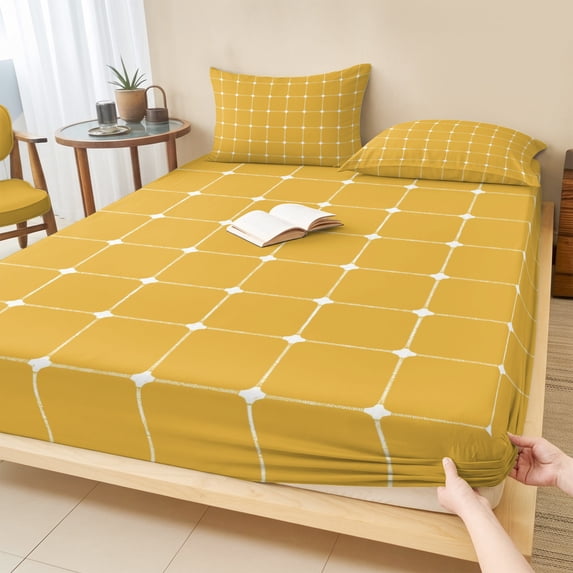Twin XL Size Fitted Sheet Set - Yellow Orange Gingham 2 Piece Bedding Sets 16" Deep Pocket Fitted Sheet with 1 Pillowcases, Modern Minimalist Geometric Plaid Brushed Microfiber Hotel Bed Sheets