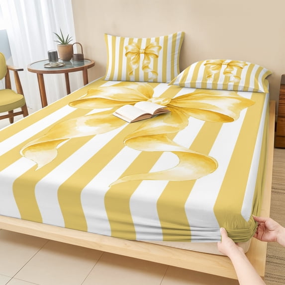 Twin XL Size Fitted Sheet Set - Yellow Tied Bow 2 Piece Bedding Sets 16 ...