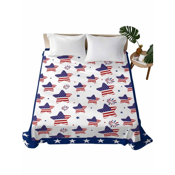 TwinSize Flat Sheet Only, 4th of July Soft Brushed Microfiber Bed Sheets, American Flag Blue Star Hotel Quality Breathable Bedding Top Sheet, Easy Care, 66"x96"