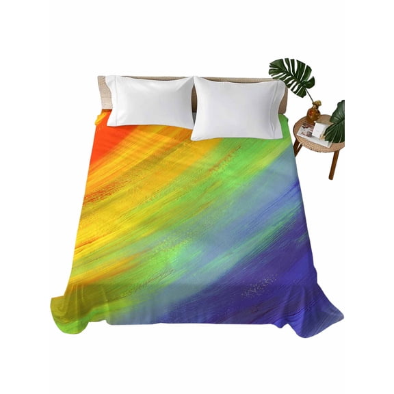 TwinSize Flat Sheet Only, Abstract Ombre Colored, Soft Brushed Microfiber Bed Sheets, Rainbow Watercolor Painting Art Hotel Quality Breathable Bedding Top Sheet, Easy Care, 66"x96"