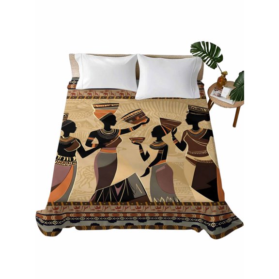 TwinSize Flat Sheet Only, African Women Soft Brushed Microfiber Bed Sheets, Black Girl Retro Ethnic Ancient Tradition Hotel Quality Breathable Bedding Top Sheet, Easy Care, 66"x96"